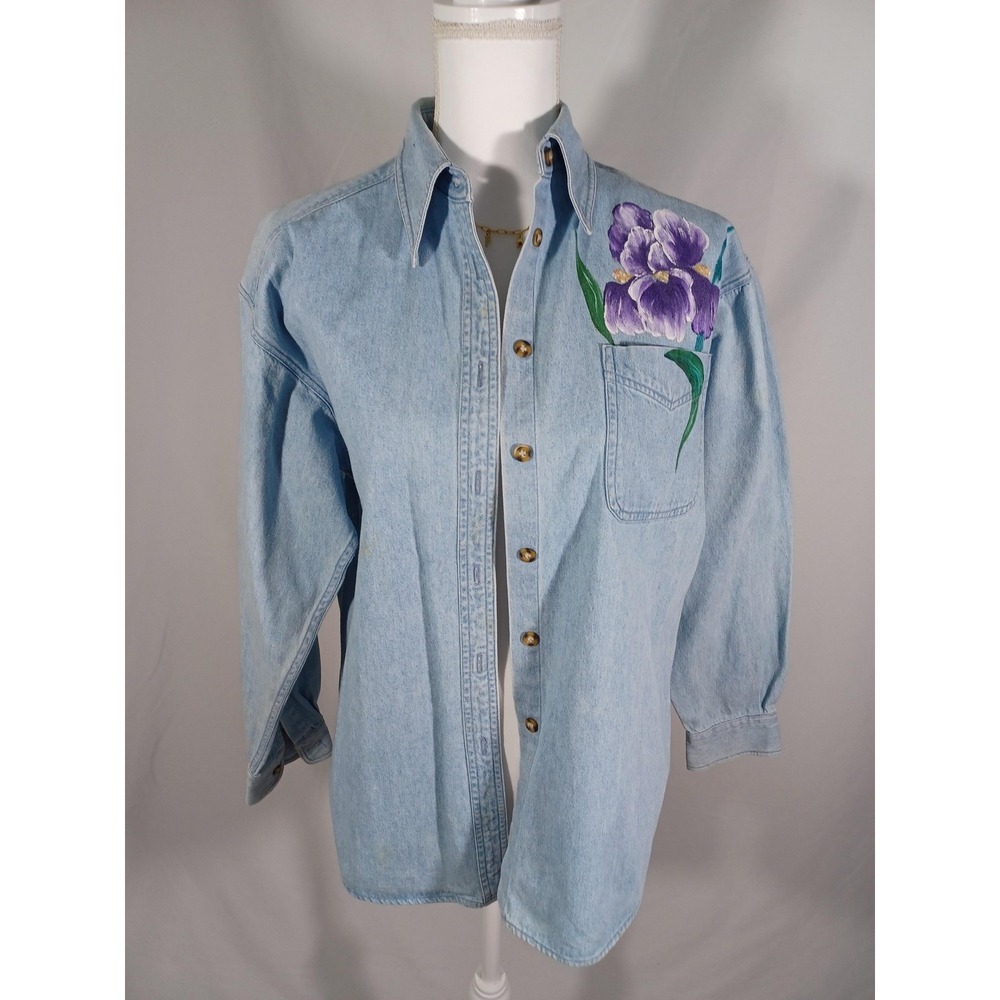 Sun Belt Denim Shirt Womens Small Blue Hand Painted Iris Floral Button Up - Picture 1 of 6